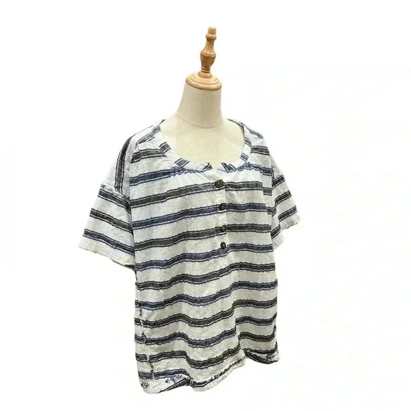 We The Free by Free People Top Women Medium Navy White Stripe Oversized Shirt - Picture 1 of 8